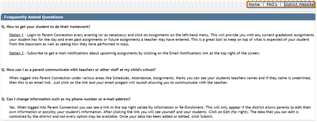 Screen shot of sample FAQ screen