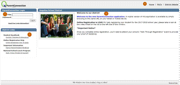 ParentConnection Login Screen annotated with numbers matching description below screen shot
