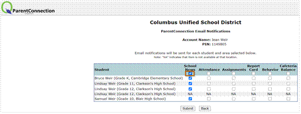 Email notification screen showing students attached to parent