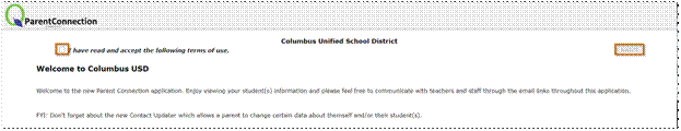 Screen shot of sample agreement page parent sees when logging in to ParentConnection for the first time
