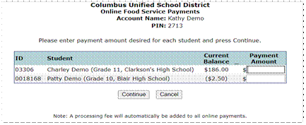 screen shot of online food service payment in parentconnection