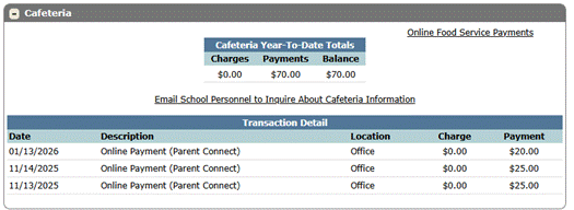 Cafeteria area showing current balance and transation detail with a link to Online Food Service Payments.