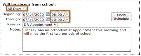 Absent form for parent reported absence in parentconnection