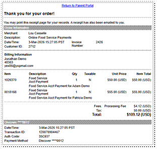 Authorize.NET payment receipt