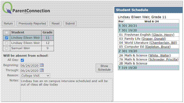parent reported absence screen for Weir family as seen in parentconnection