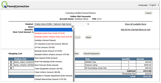 Online SBA Payments - shopping cart