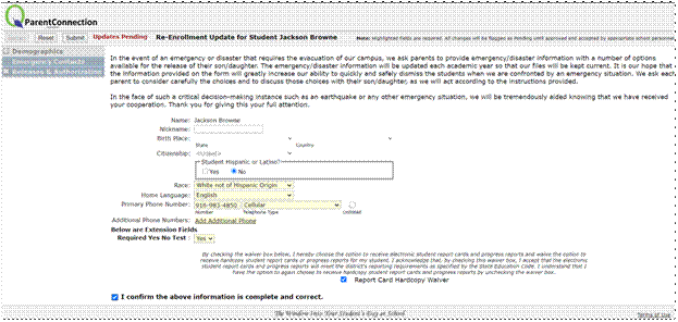 Emergency form to be updated as part of  re-enrollment screen as seen in parentconnection