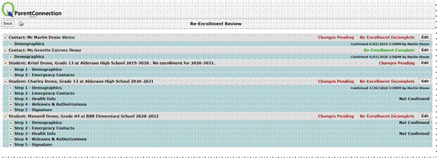 sample re-enrollment screen as seen in parentconnection