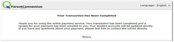 Once payment is completed, a receipt displays a link returning to ParentConnection.