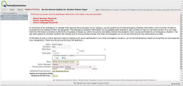 demographic update  sample re-enrollment screen as seen in parentconnection