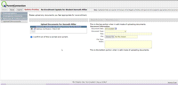 screen shot of upload screen for student documents showing that documents may be uploaded as part of the re-enrollment process in parentconnection