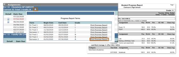 collage showing assignment with printer icon and sample progress report 