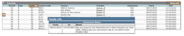 Screen shot of student schedule displaying for the entire year showing courses that meet in semester 1, semester 2 and all year sorted by Term and a screen shot notepad icon which when clicked displays a Class News note
