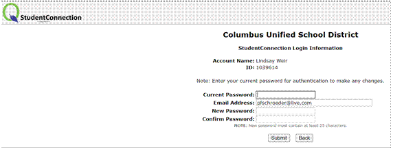 screen shot of My Account information
