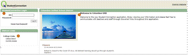 Annotated numbered Screen shot of home page of Student Connection