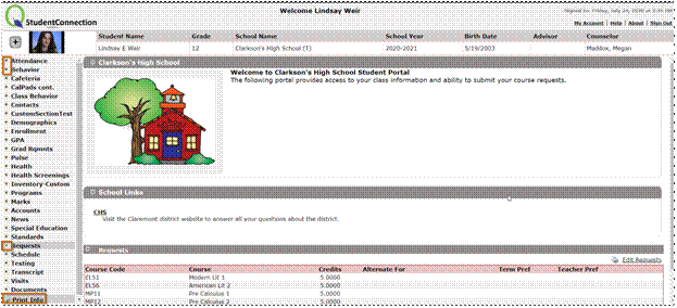 screen shot of welcome screen from school with list of available student data areas on the left hand side