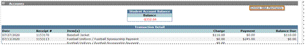 screen shot of online SBA payments as seen in parentconnection