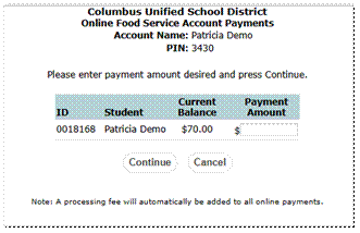 Food service account payments - enter the amount to pay and continue
