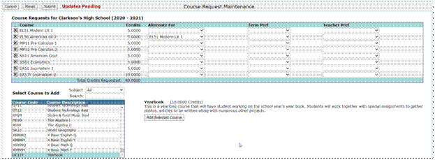 screen shot of course request screen students may see when logging in during the course request entry window
