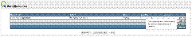 Screen showing payment with processing fees.  Press Check Out button to continue to make the payment
