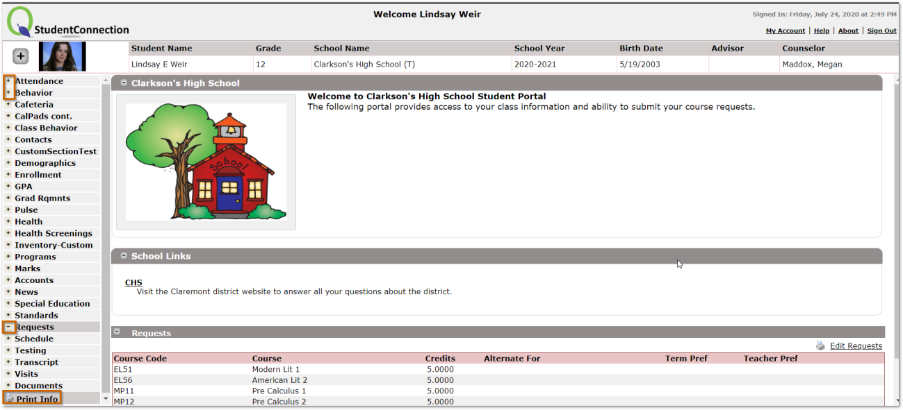 screen shot of welcome screen from school with list of available student data areas on the left hand side