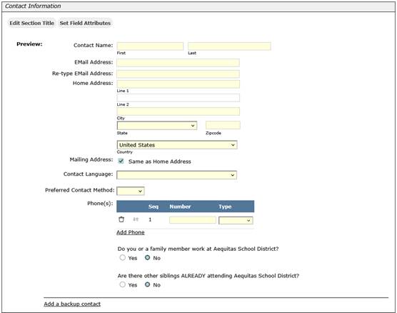 Preview of Contact Information for Application