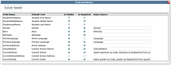 Field Attributes for Student Information