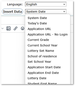 Insert Data - showing dropdown list of data that may be inserted