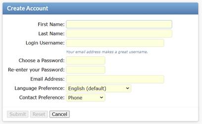 Registration form for a new user