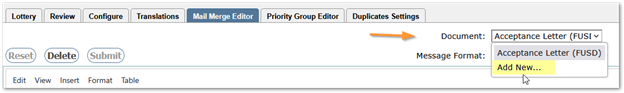 Mail Merge Editor Tab - highlighting 'Add New' document