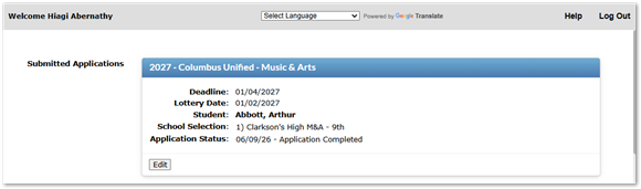 Submitted application status shown