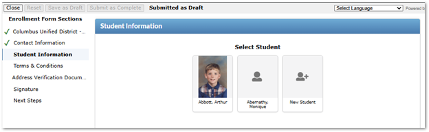Application in process - Select student or add new