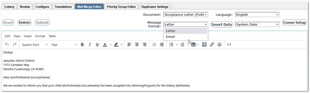 Creating a document in Mail Merge Editor tab