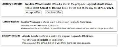 Samples of lottery results messages