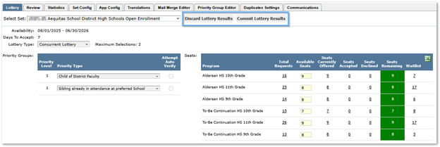 Once lottery is run, discard or commit results options shown.