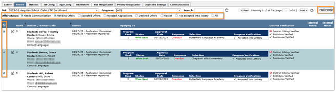 Review tab - Once Lottery results are committed, more filter options are available.