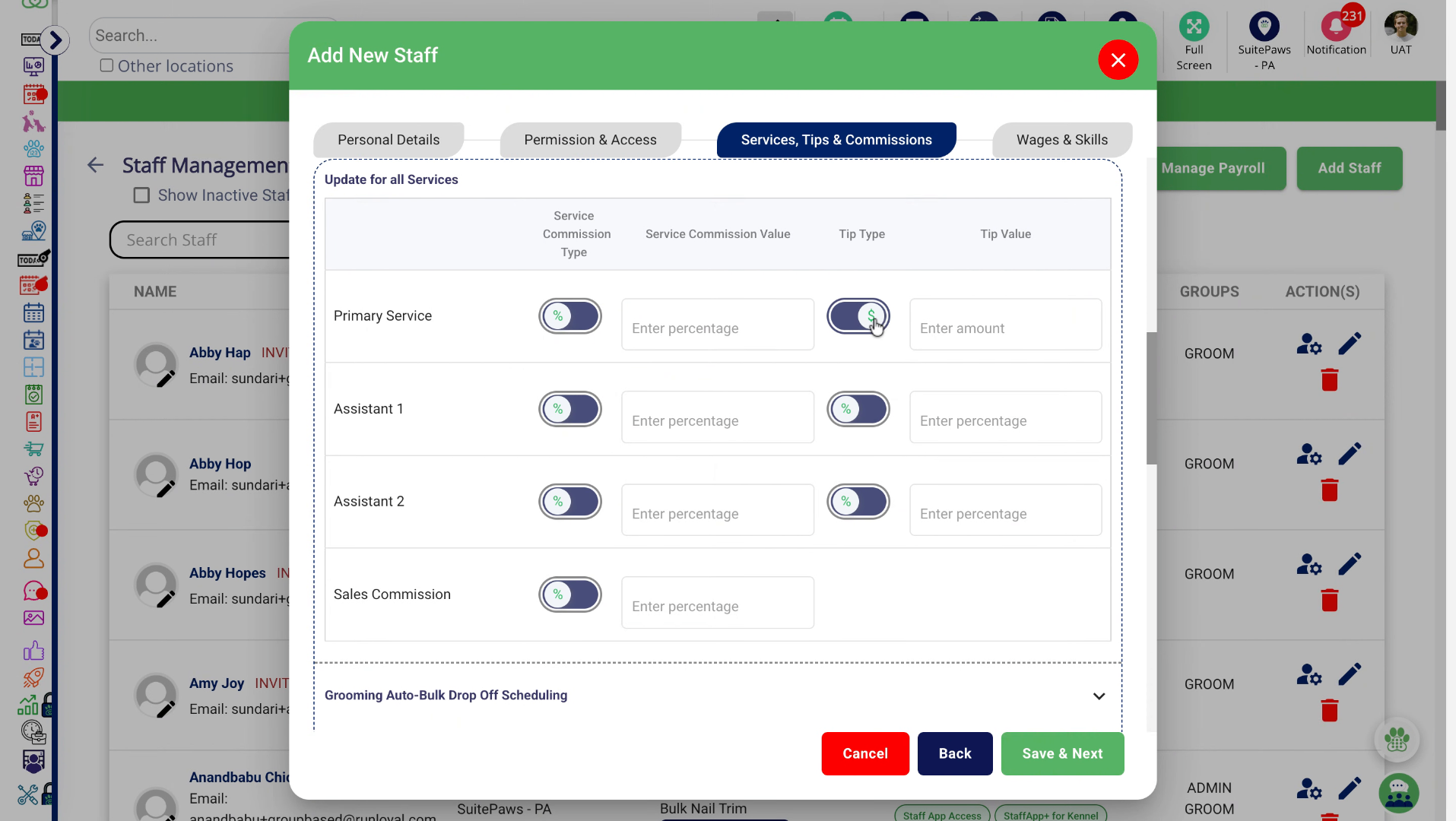 Configuring assistant commission and tips in Staff Management