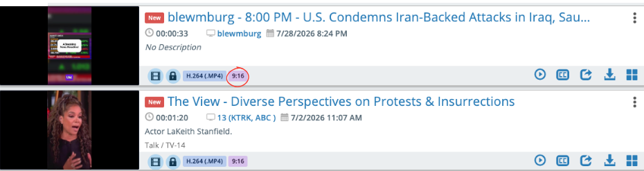 Library rows showing 9:16 thumbnails and the 9:16 aspect ratio tag
