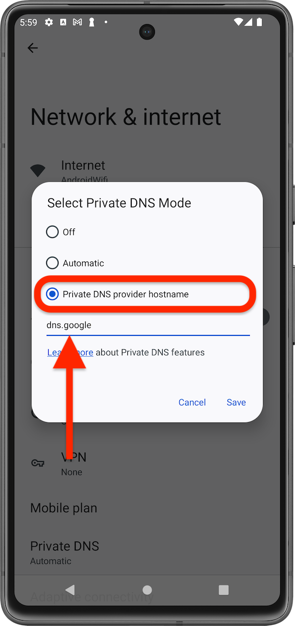 Nome host del provider DNS privato - Come cambiare i DNS su Android 9 e versioni successive