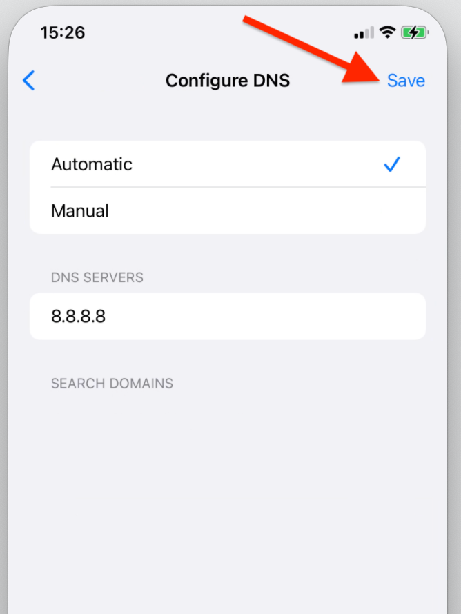 Toccate il pulsante Salva una volta cambiati i DNS sull'iPhone.