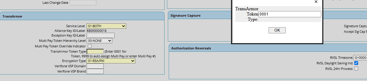 TransArmor — Service Level, Token Type, Encryption Type, and the Token confirmation pop-up