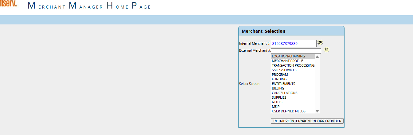 Merchant Manager Home Page — Merchant Selection