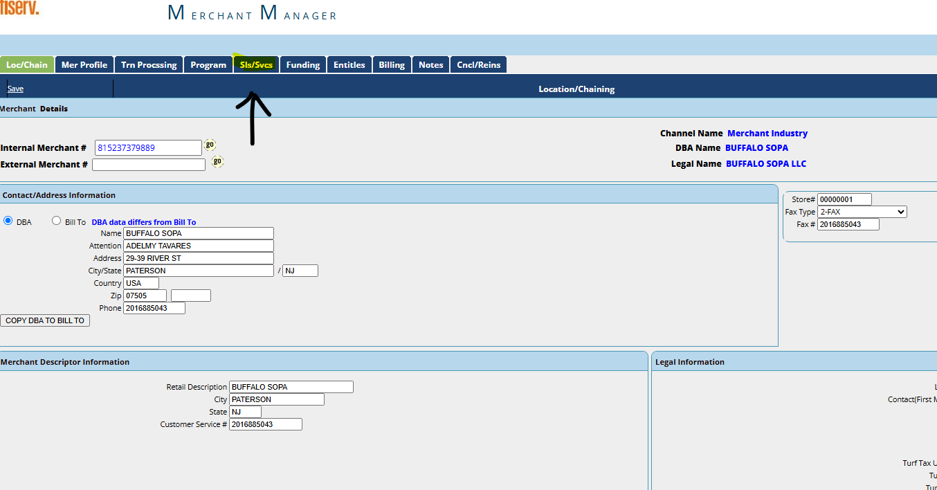 Merchant record — select the Sls/Svcs tab