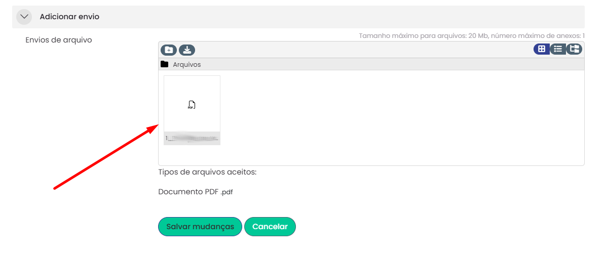 Open Add submission panel, showing the File submissions area with the limit Maximum file size: 20 Mb, maximum number of attachments: 1, the Files folder with a PDF file already attached, pointed to by a red arrow, the list Accepted file types: PDF Document .pdf, and the green Save changes and Cancel buttons.