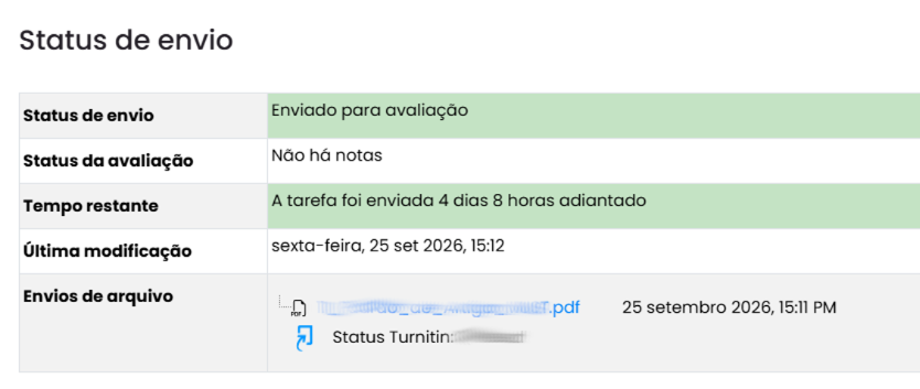 Submission status table after confirmation, with the rows: Submission status Submitted for grading highlighted in green, Grading status No grade, Time remaining The assignment was submitted 4 days 8 hours early highlighted in green, Last modified Friday, 25 Sep 2026, 15:12, and File submissions with the attached PDF's name, the submission date and time, and the Turnitin status.