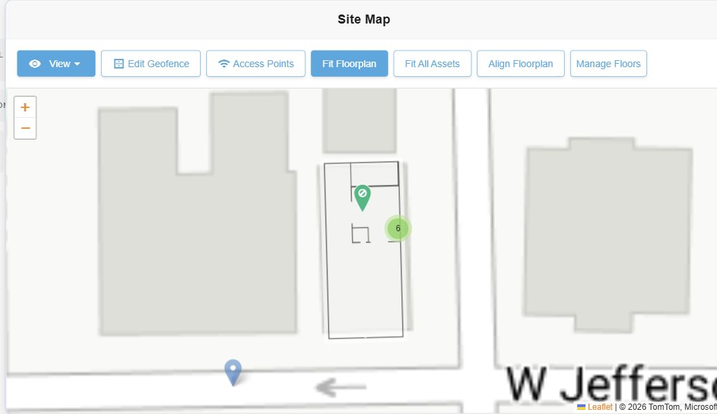 Site Map with View, Access Points, Fit Floorplan, Fit All Assets, Align Floorplan and Manage Floors controls above a floorplan overlay.