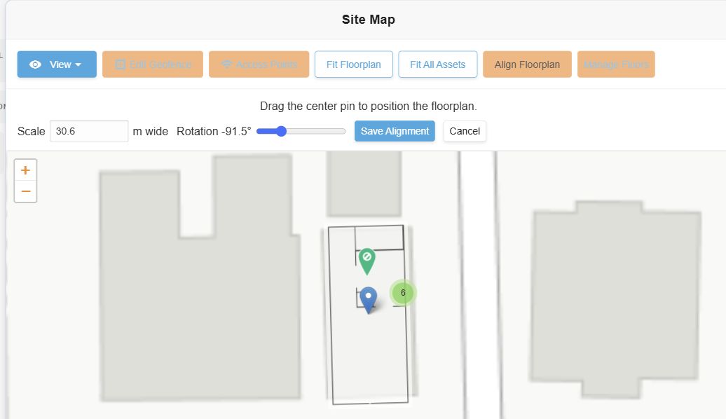 Alignment mode with Scale in meters, Rotation, Save Alignment, Cancel, and a draggable center pin on the floorplan.
