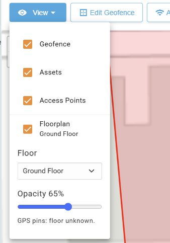 View menu with Geofence, Assets, Access Points, Floorplan, a Floor selector, Opacity slider and GPS pins: floor unknown message.