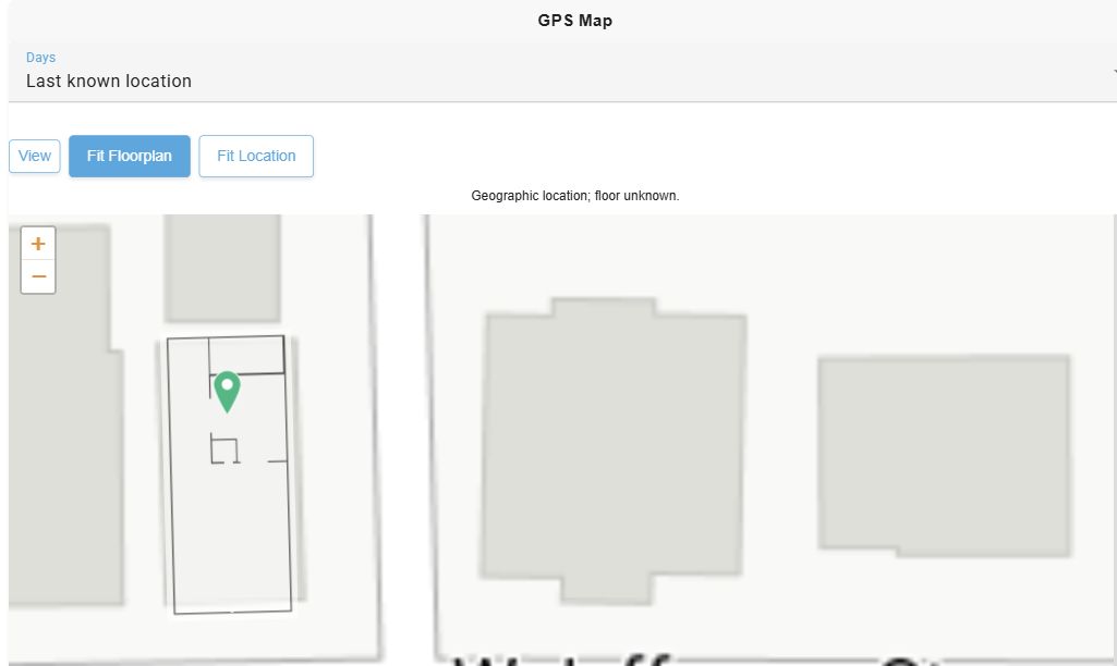 Asset GPS Map with Days, View, Fit Floorplan and Fit Location controls, a geographic location floor unknown message and a floorplan with an assigned AP.
