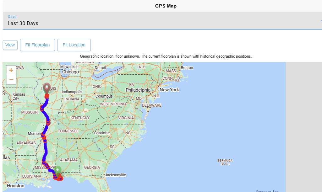 Asset GPS Map with Last 30 Days selected, a geographic route outside the Site, and the message that the current floorplan is shown with historical geographic positions.